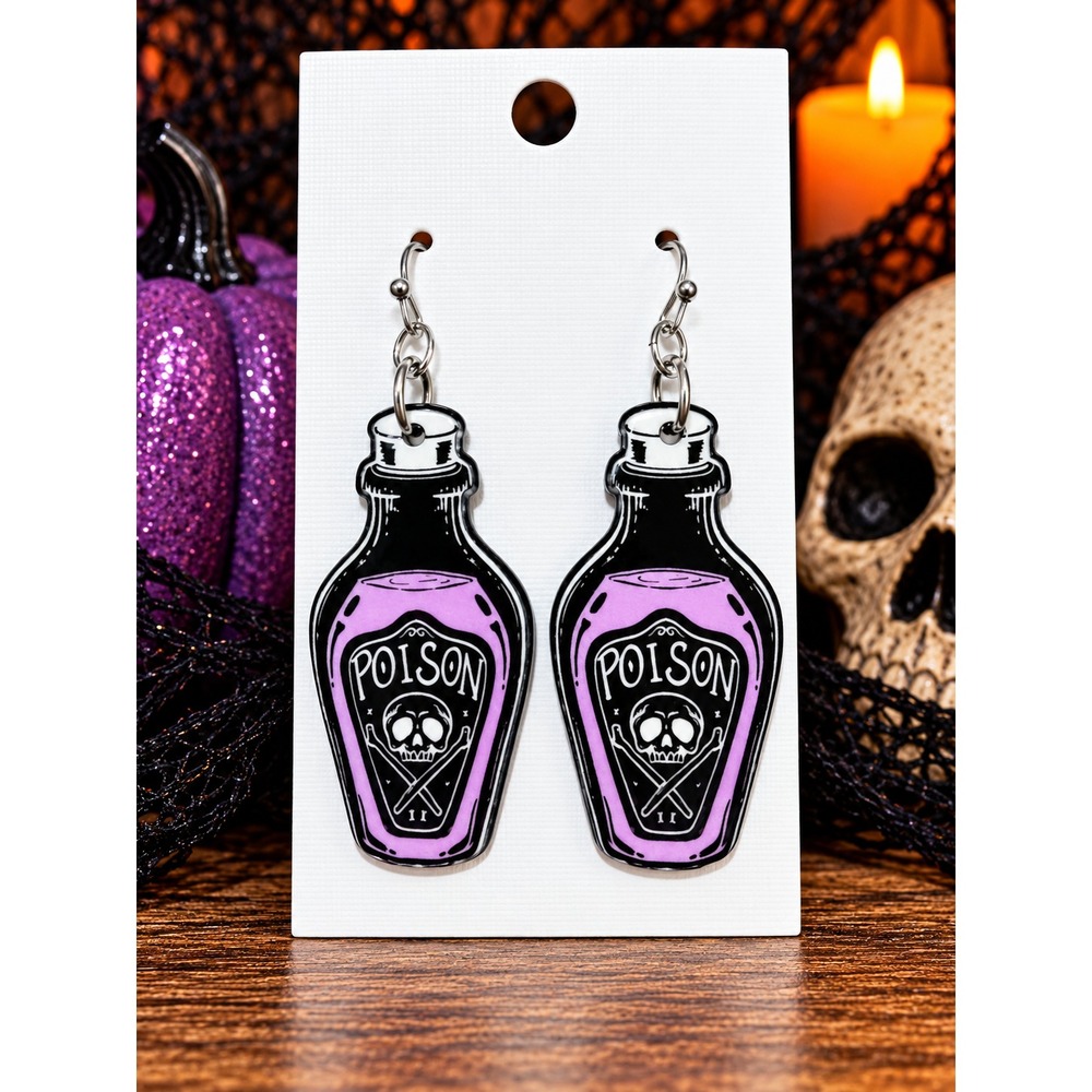 Purple Poison Bottle Earrings Skull Halloween Potion Gothic Dangle Earrings